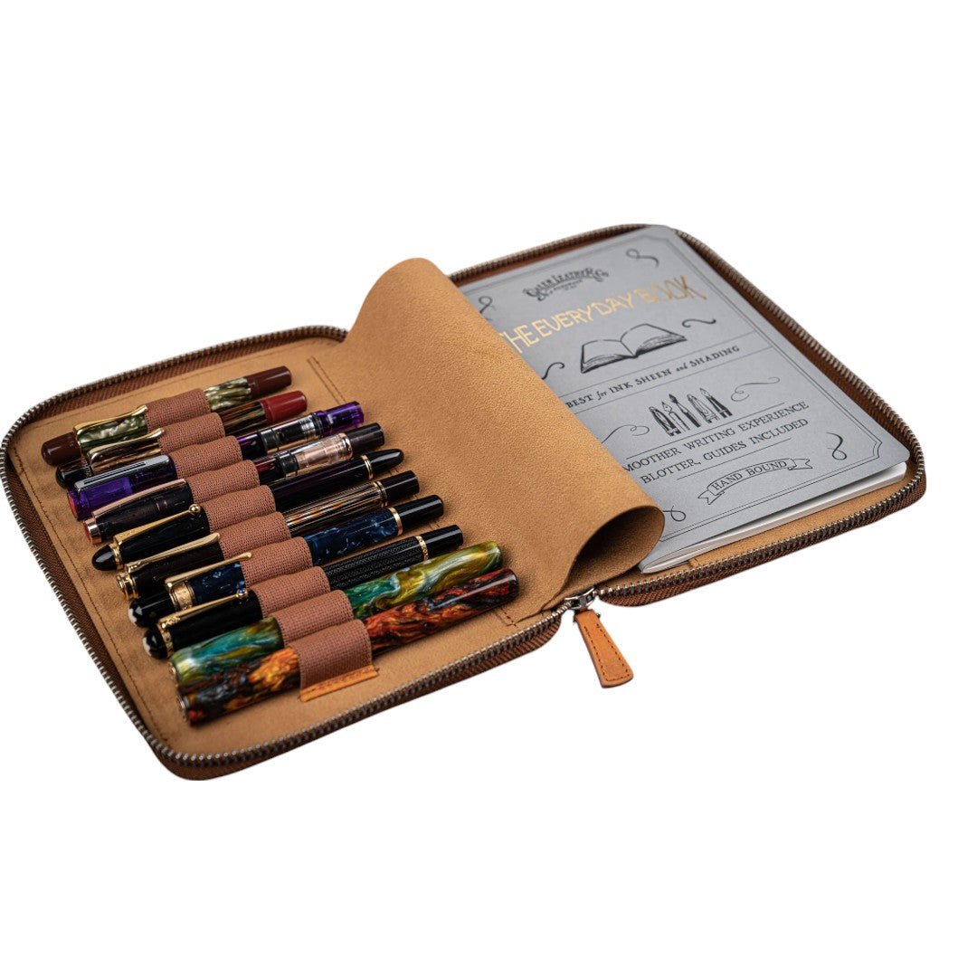 Galen Leather Zippered 10 Slots Pen Case with A5 Notebook Holder Crazy Horse Brown