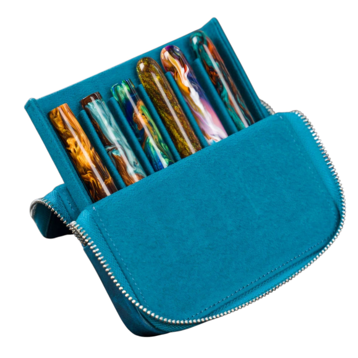 Galen Leather Zippered Magnum Opus 6 Slots Hard Pen Case with Removable Pen Tray Crazy Horse Ocean Blue