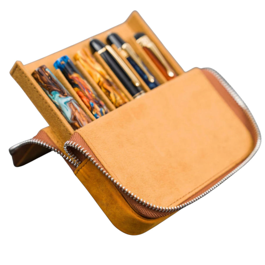 Galen Leather Zippered Magnum Opus 6 Slots Hard Pen Case with Removable Pen Tray Crazy Horse Brown