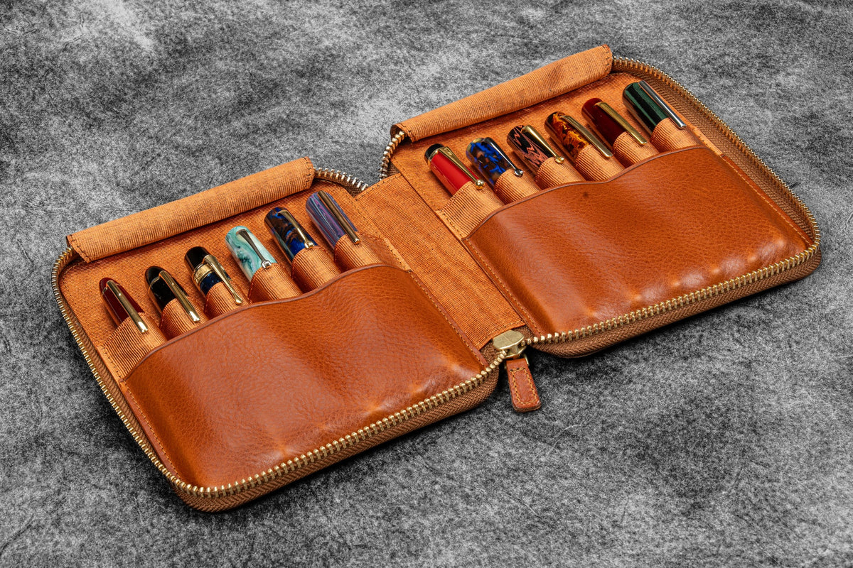 Legacy Leather Zip Pen Case For 12 Pens - A6 - Deep Cognac