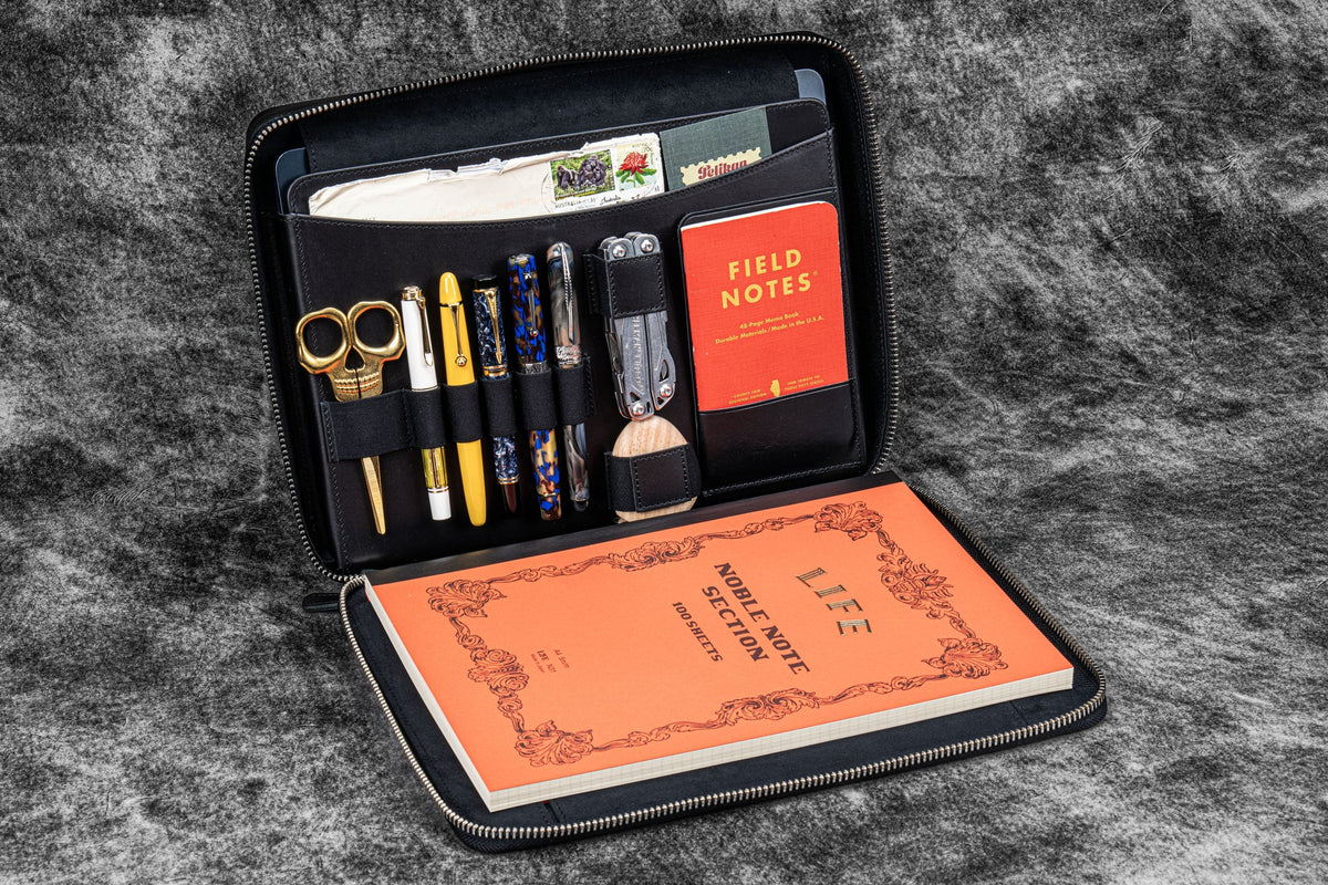 Leather Compendium Bag - A4 Zippered Folio Organizer