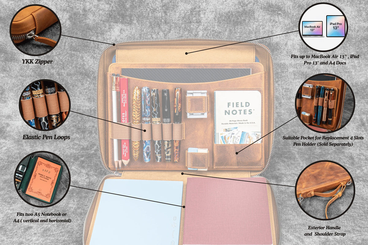 Leather Compendium Bag - A4 Zippered Folio Organizer