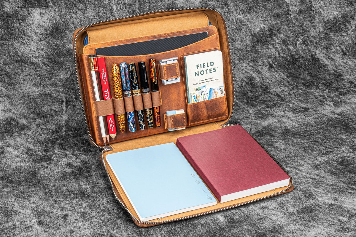 Leather Compendium Bag - A4 Zippered Folio Organizer