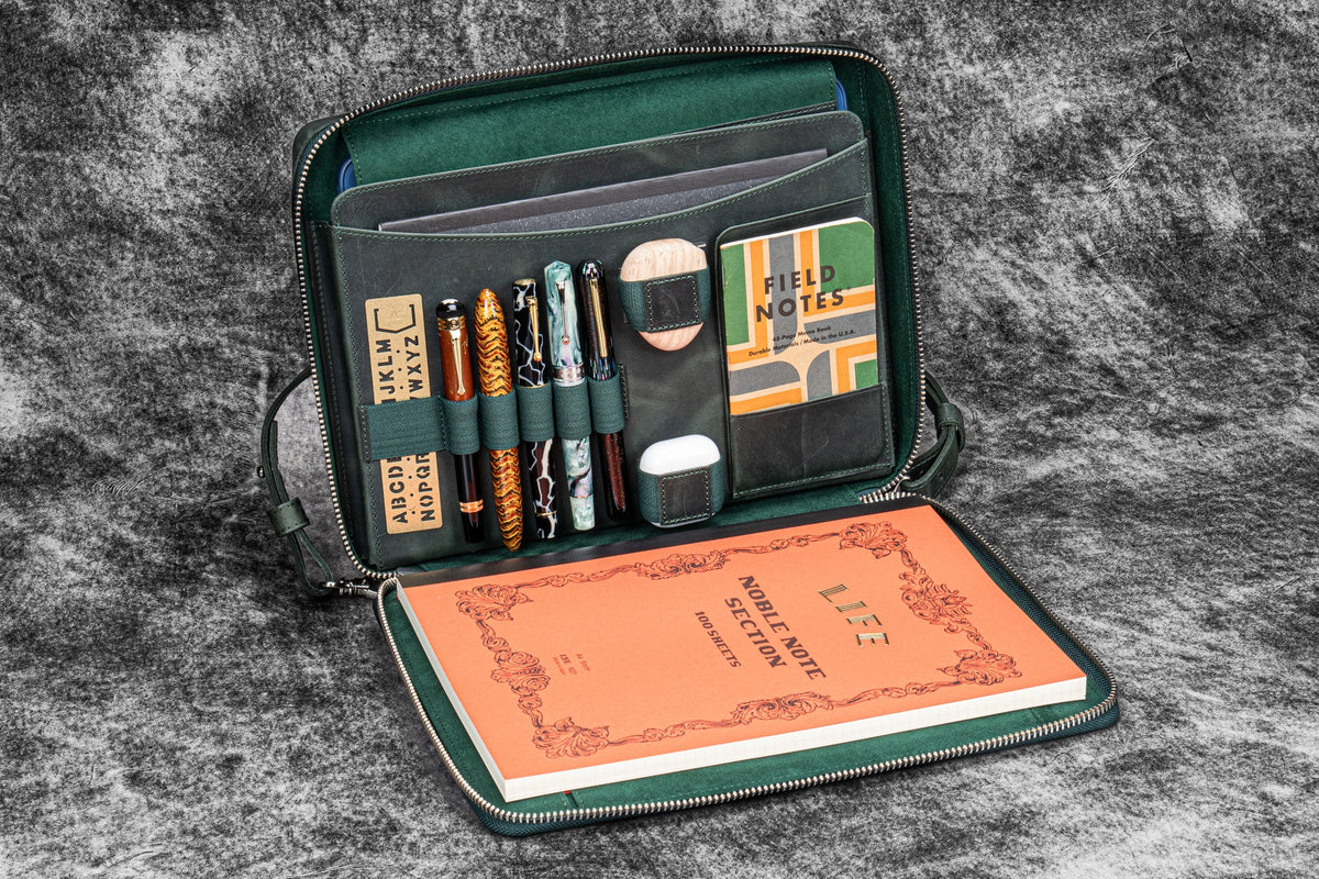 Leather Compendium Bag - A4 Zippered Folio Organizer
