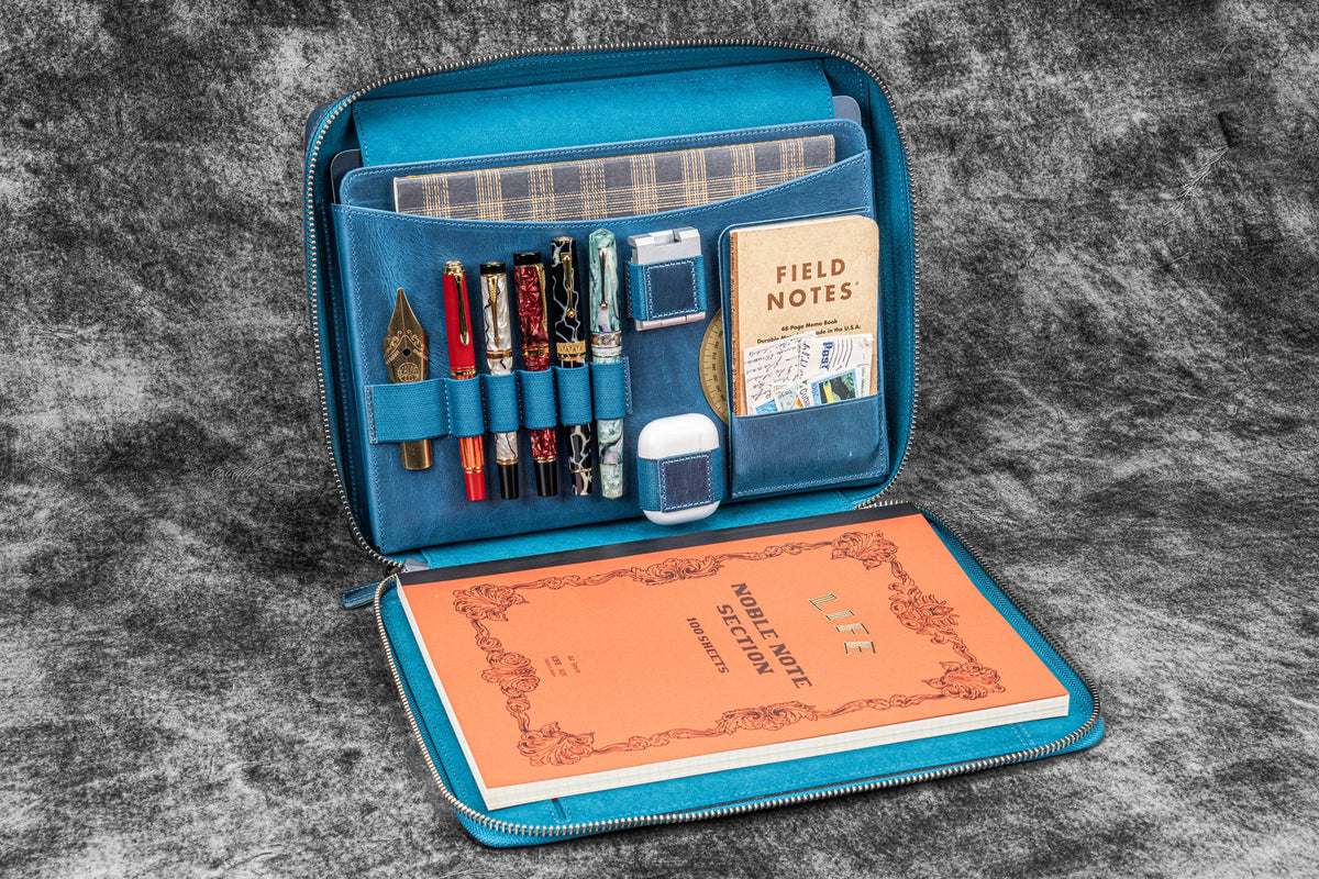 Leather Compendium Bag - A4 Zippered Folio Organizer