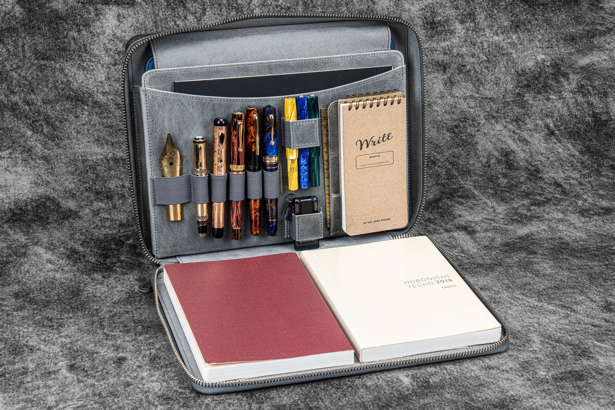 Leather Compendium Bag - A4 Zippered Folio Organizer