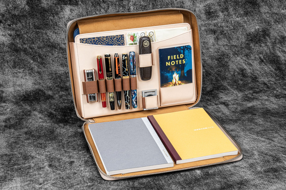 Leather Compendium Bag - A4 Zippered Folio Organizer
