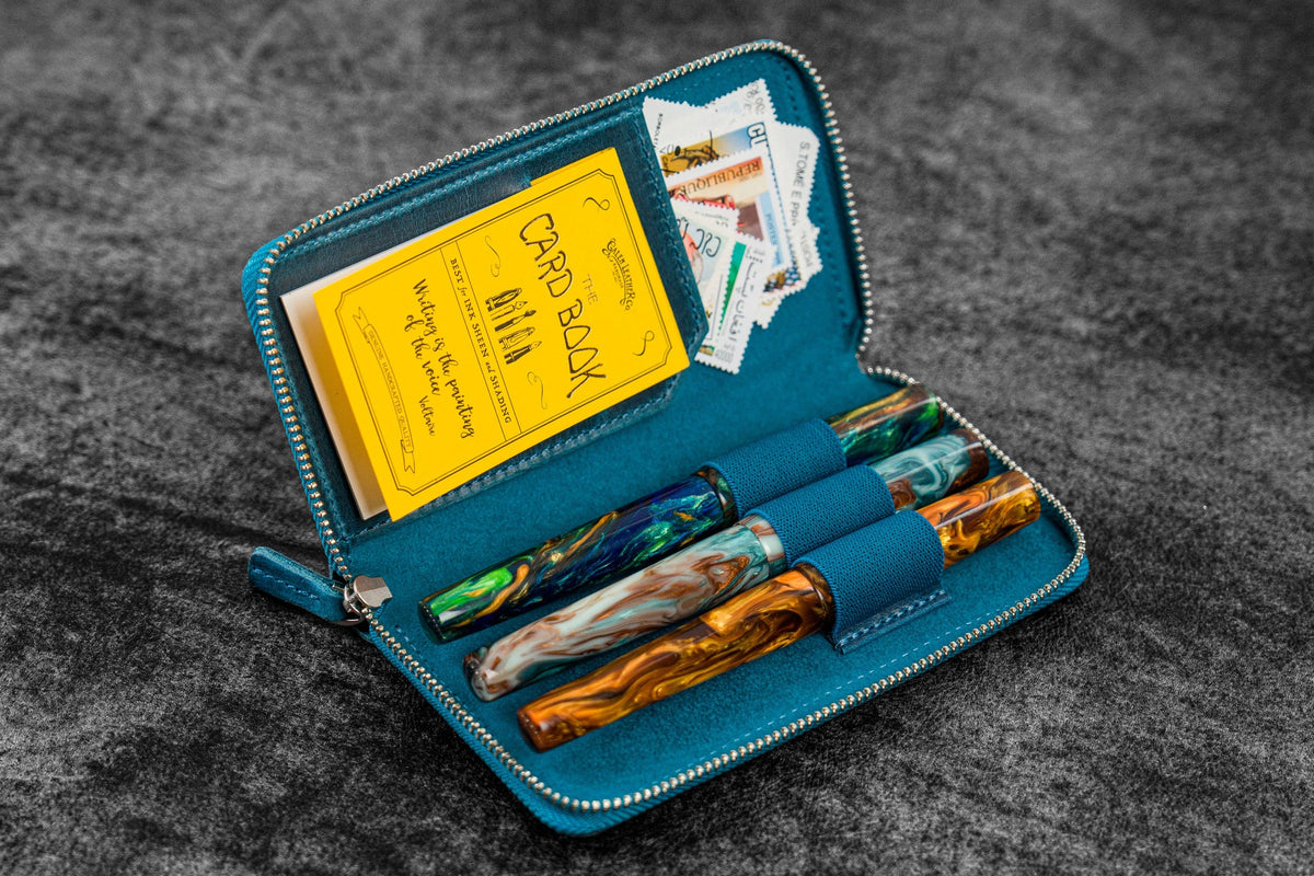 Leather Zippered 3 Slots Pen Case