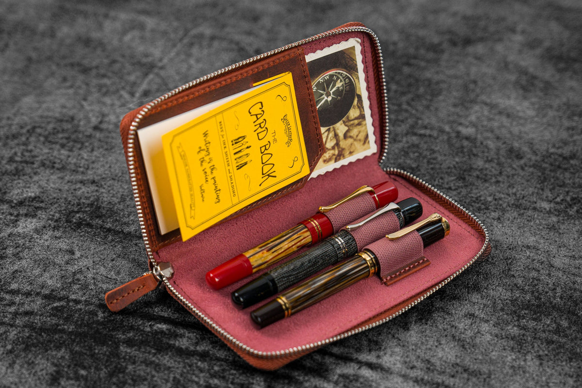 Leather Zippered 3 Slots Pen Case