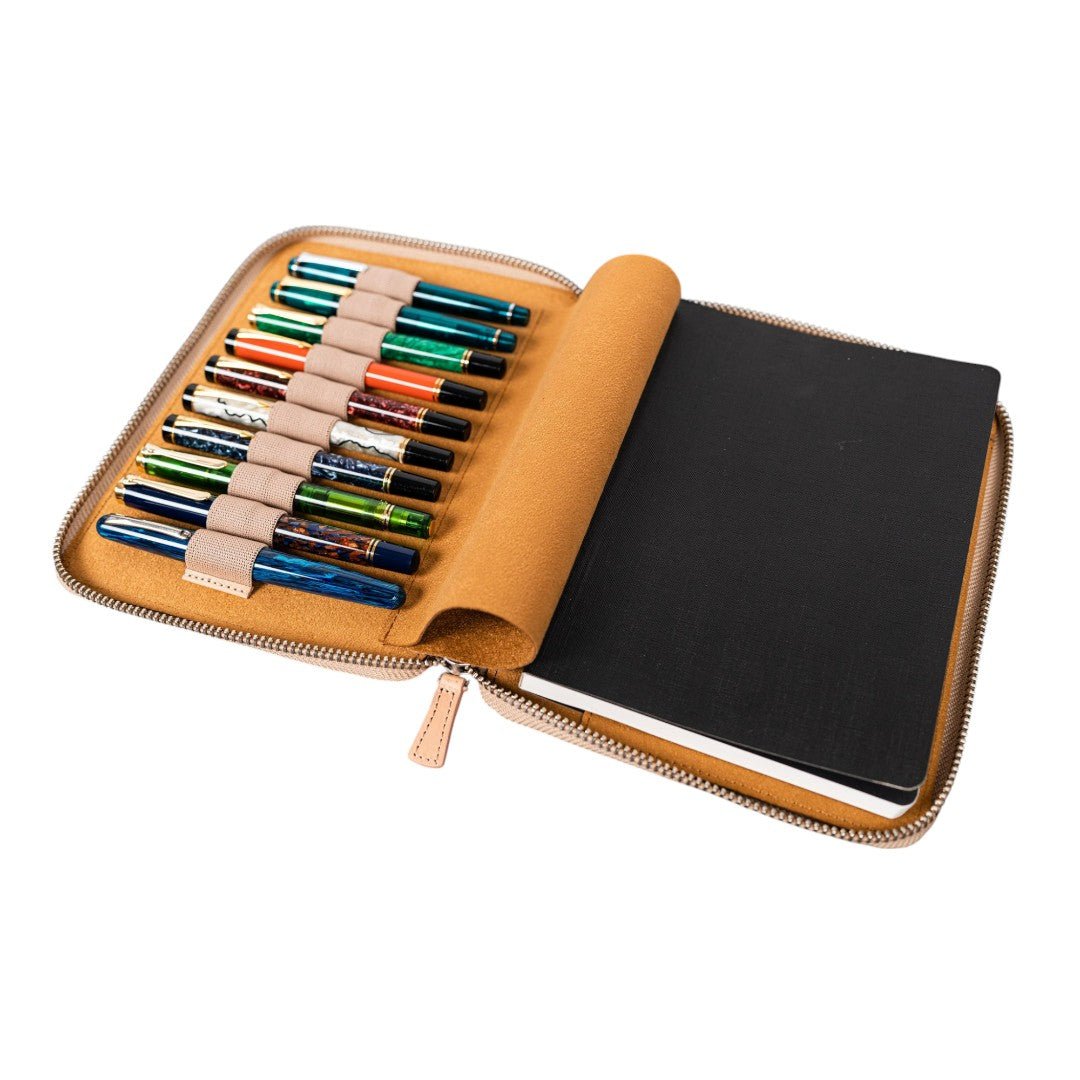 Galen Leather Zippered 10 Slots Pen Case with A5 Notebook Holder Undyed