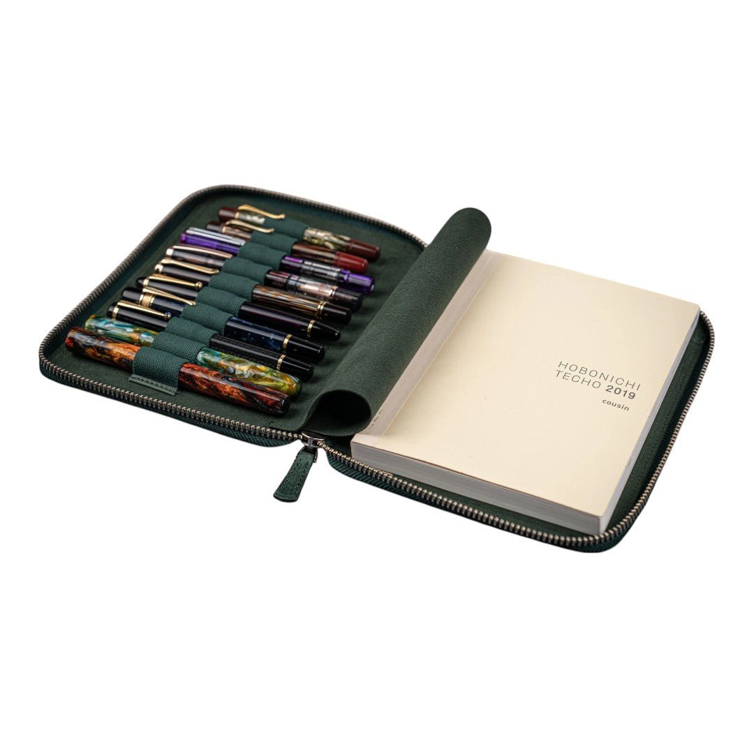 Galen Leather Zippered 10 Slots Pen Case with A5 Notebook Holder Crazy Horse Green