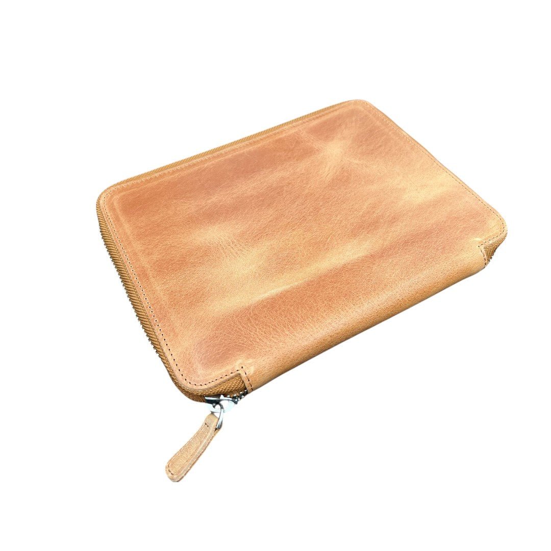 Galen Leather Zippered 10 Slots Pen Case with A5 Notebook Holder Crazy Horse Honey Ochre