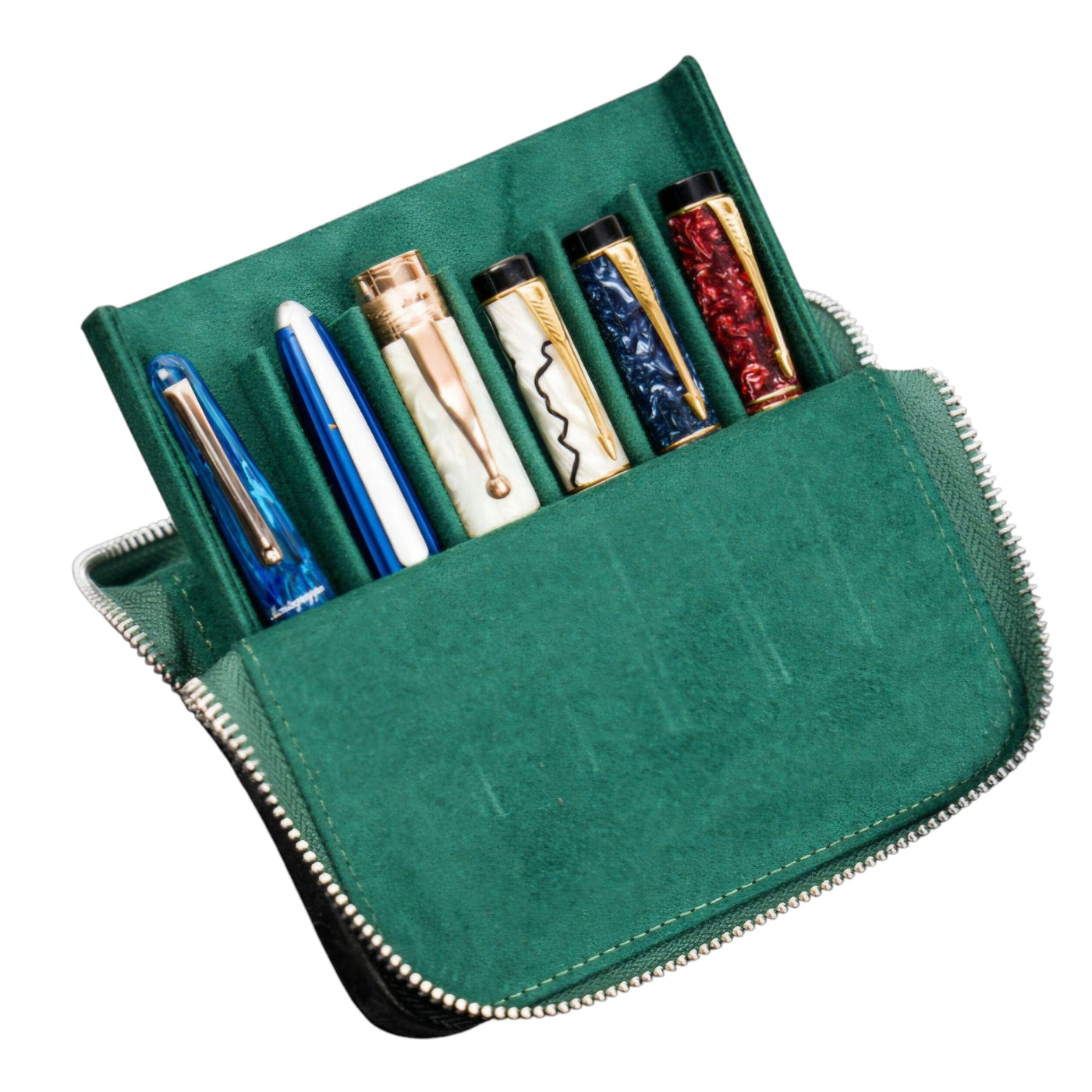 Galen Leather Zippered Magnum Opus 6 Slots Hard Pen Case with Removable Pen Tray Forest Green