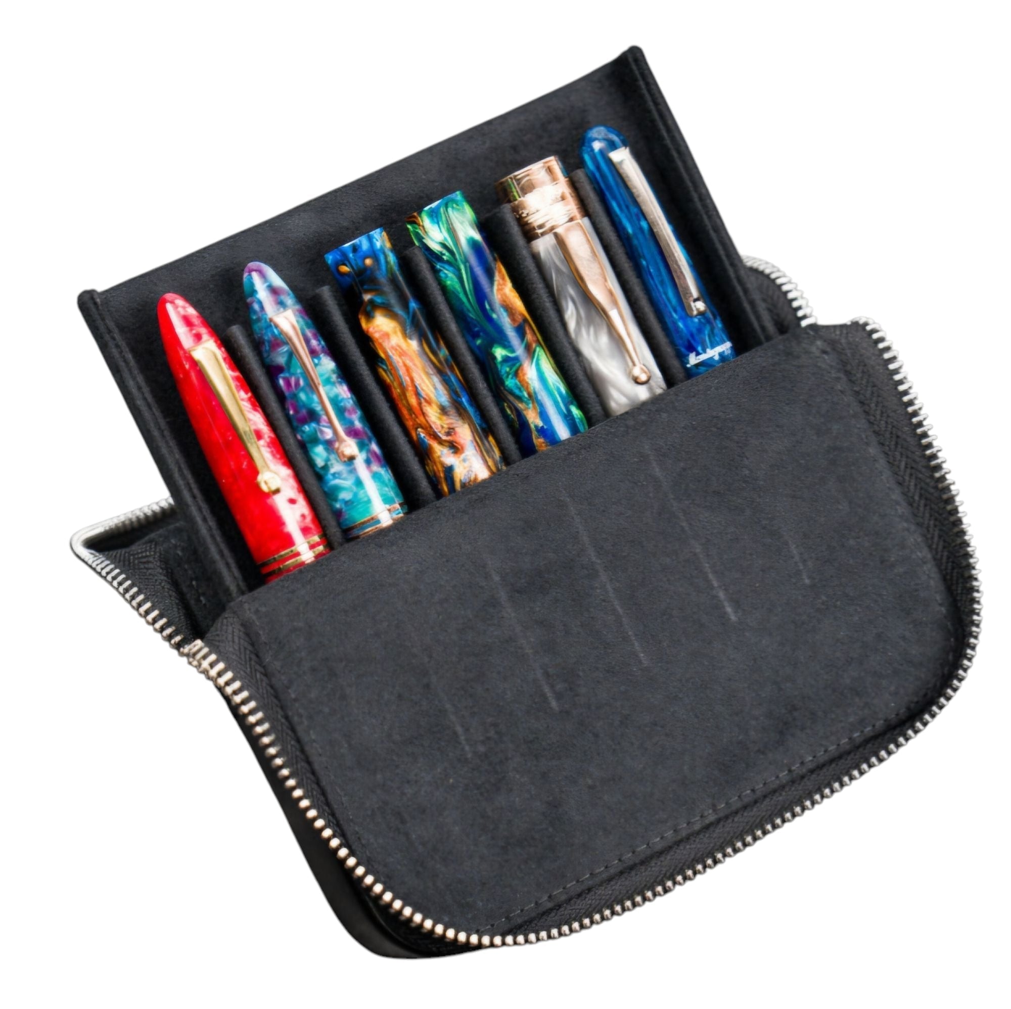 Galen Leather Zippered Magnum Opus 6 Slots Hard Pen Case with Removable Pen Tray Black