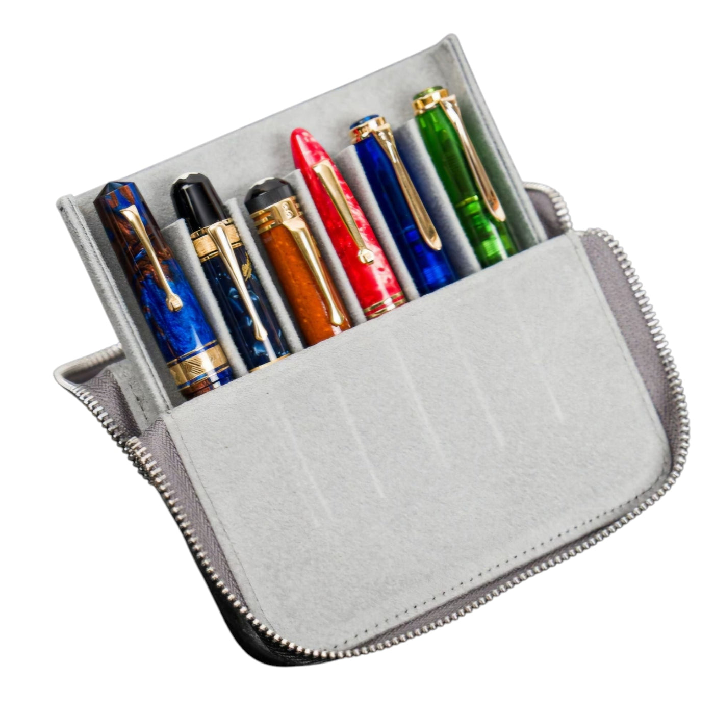 Galen Leather Zippered Magnum Opus 6 Slots Hard Pen Case with Removable Pen Tray Smoke
