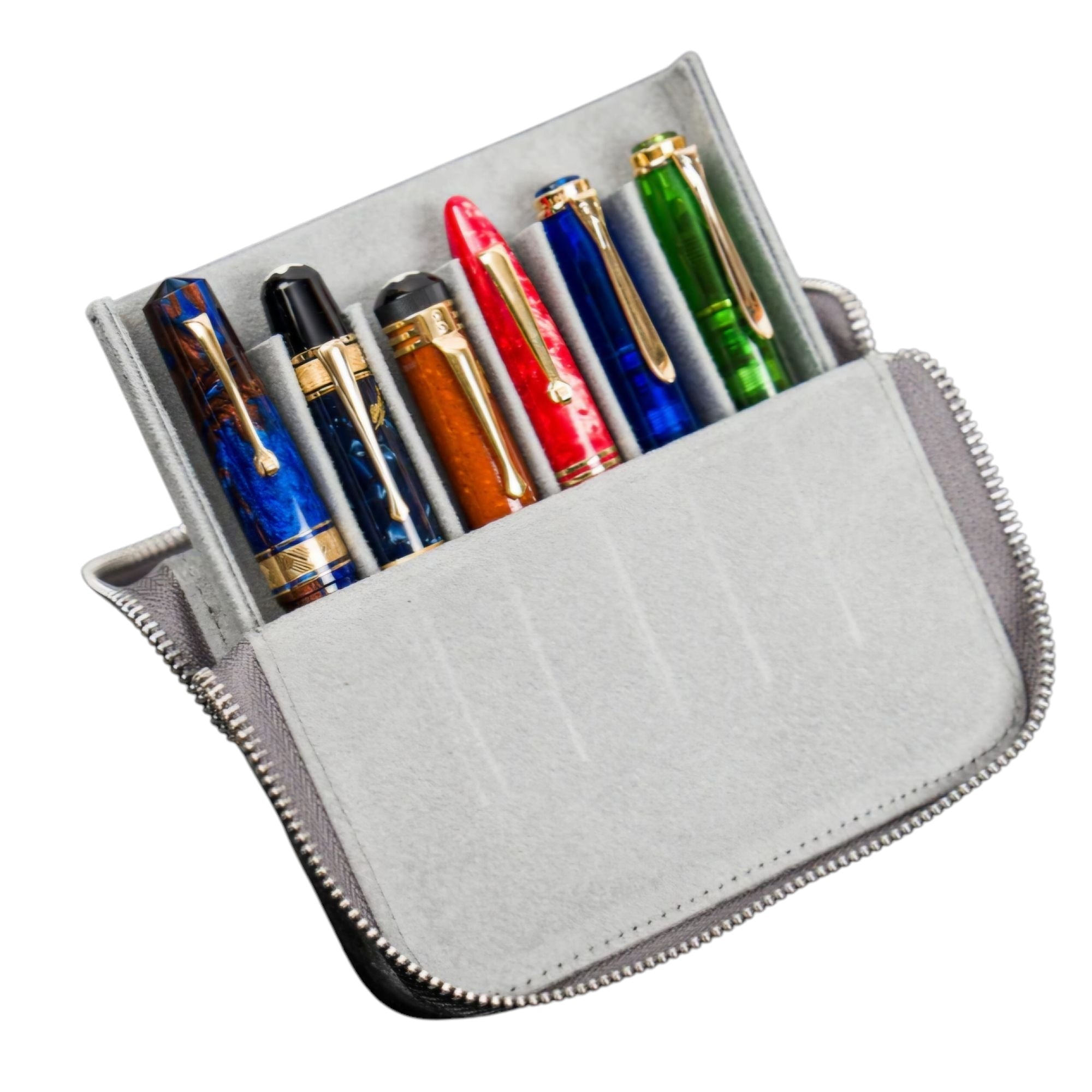 Galen Leather Zippered Magnum Opus 6 Slots Hard Pen Case with Removable Pen Tray Smoke