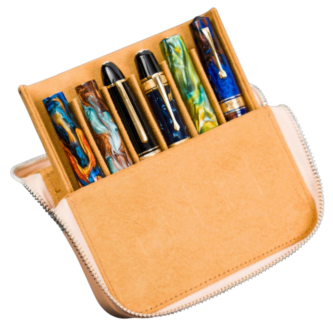 Galen Leather Zippered Magnum Opus 6 Slots Hard Pen Case with Removable Pen Tray Undyed
