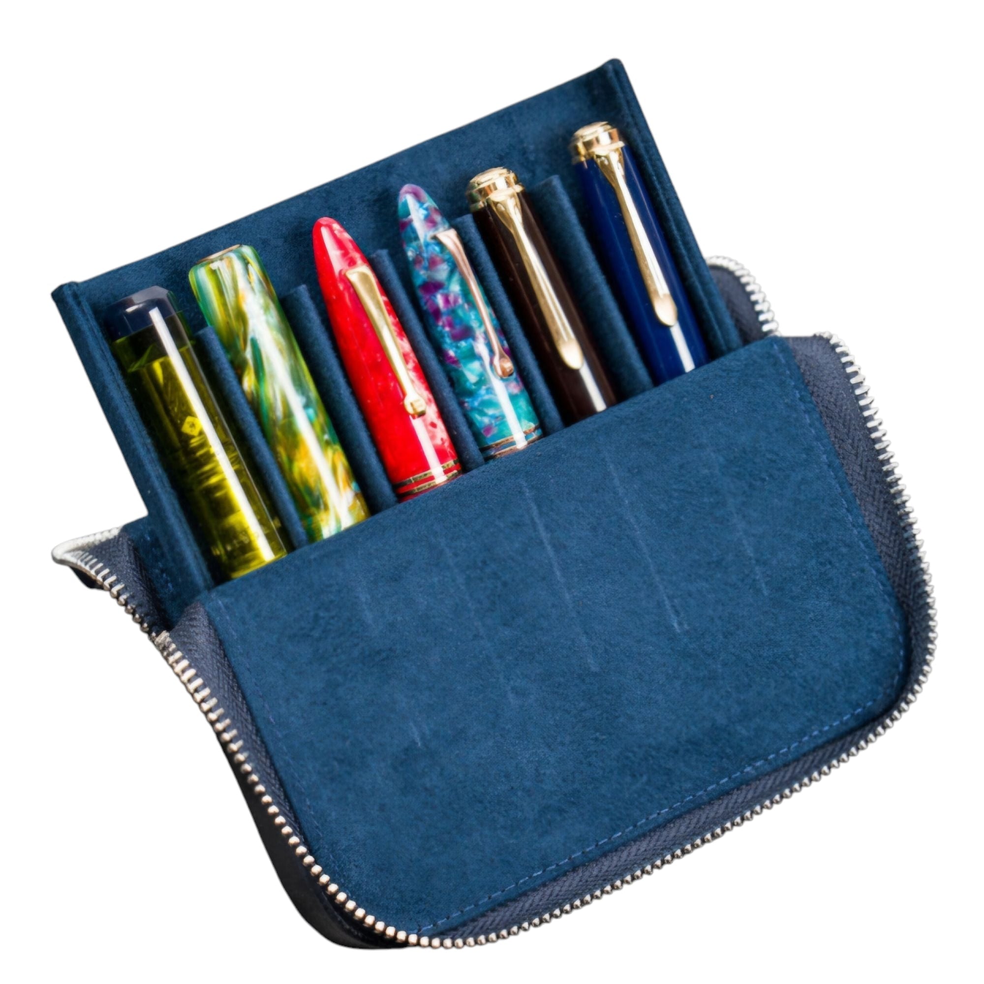 Galen Leather Zippered Magnum Opus 6 Slots Hard Pen Case with Removable Pen Tray Blue
