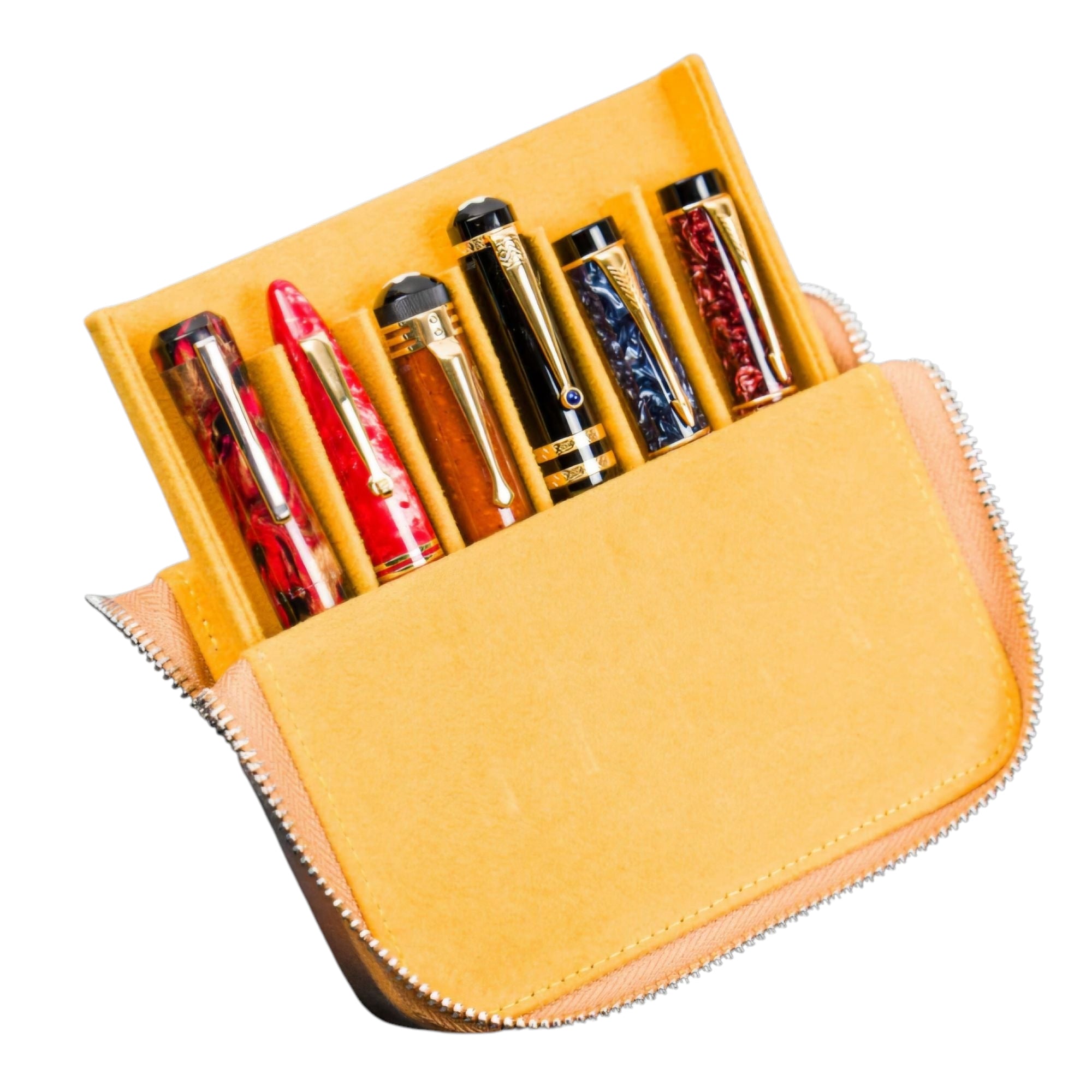 Galen Leather Zippered Magnum Opus 6 Slots Hard Pen Case with Removable Pen Tray Honey