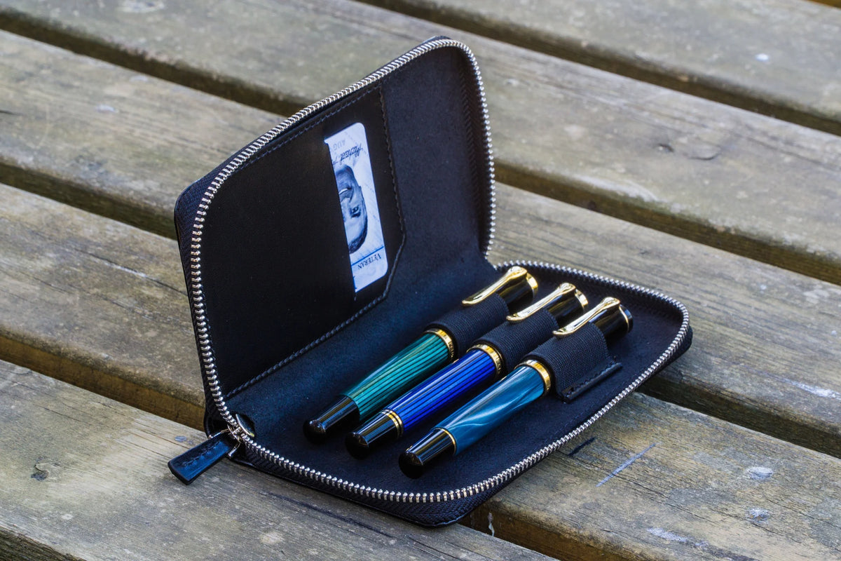 Leather Zippered 3 Slots Pen Case