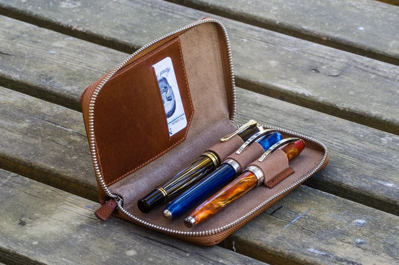 Leather Zippered 3 Slots Pen Case