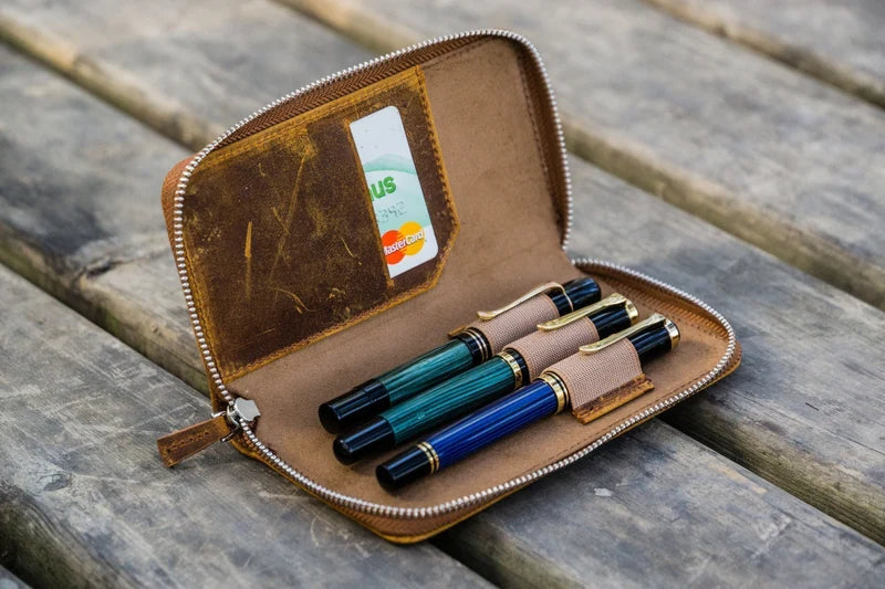 Leather Zippered 3 Slots Pen Case