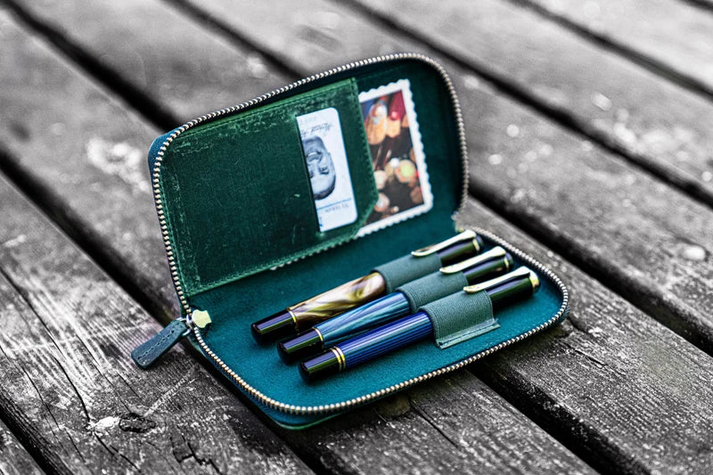 Leather Zippered 3 Slots Pen Case