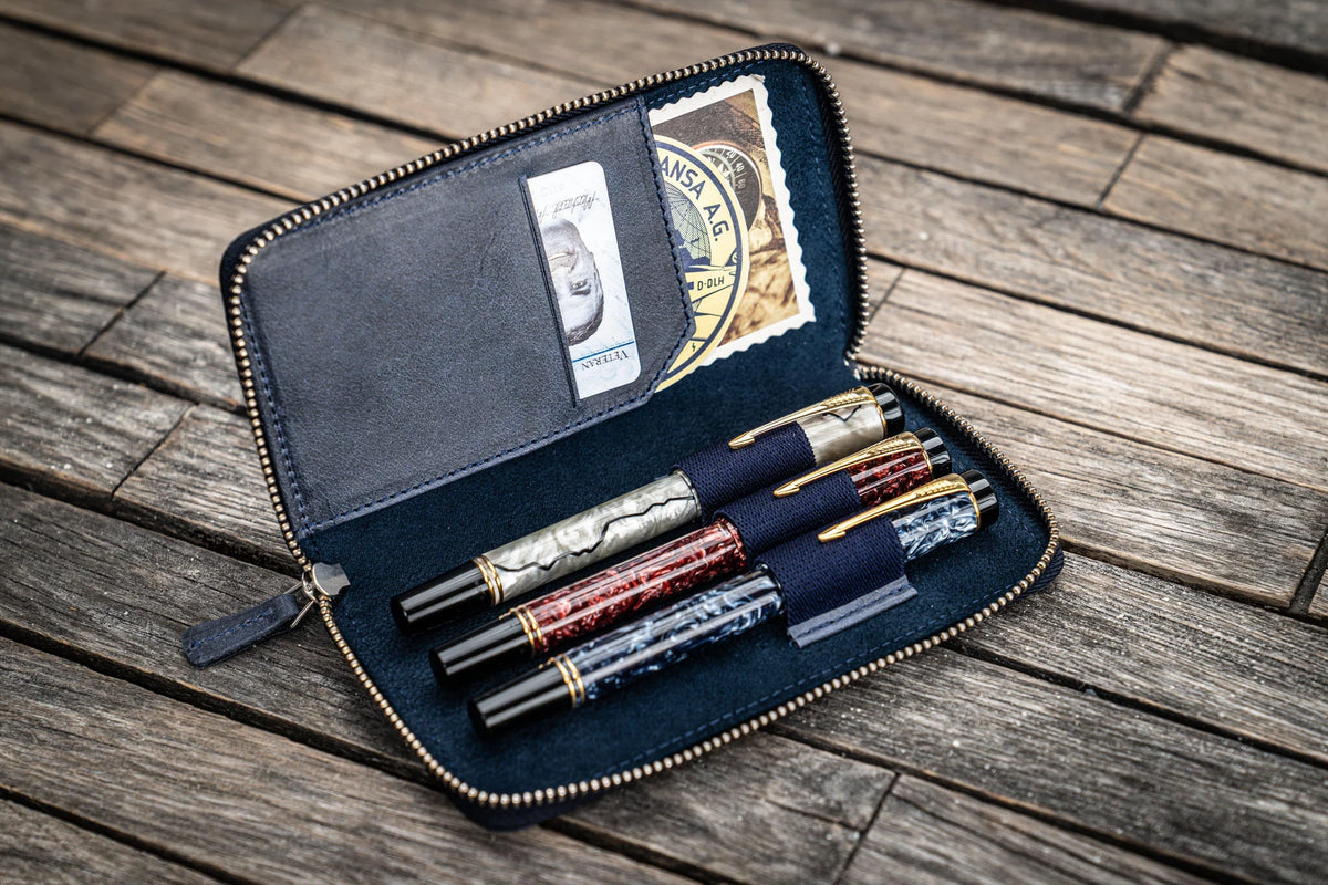 Leather Zippered 3 Slots Pen Case