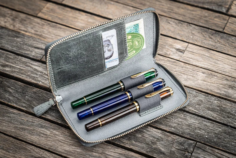 Leather Zippered 3 Slots Pen Case