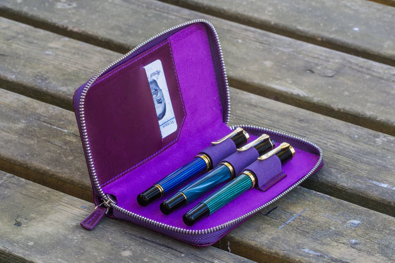 Leather Zippered 3 Slots Pen Case