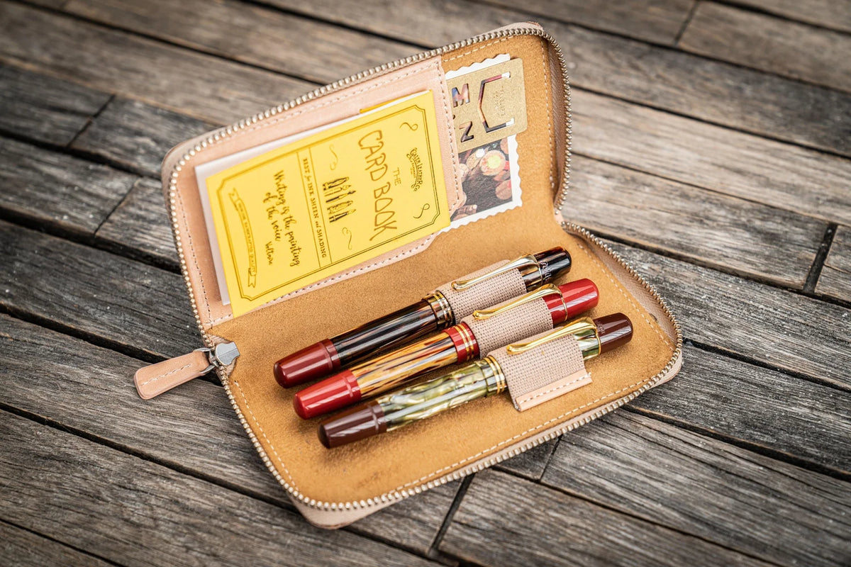 Leather Zippered 3 Slots Pen Case