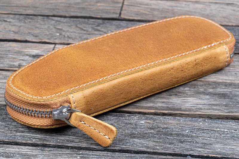 Leather Zippered Duo Slim Pen Case for 2 Pens Ochre