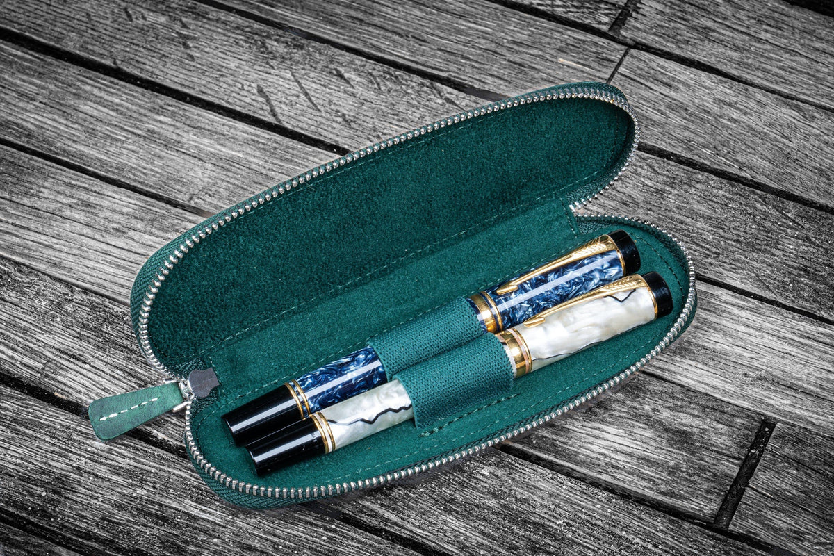 Leather Zippered Duo Slim Pen Case for 2 Pens Undyed