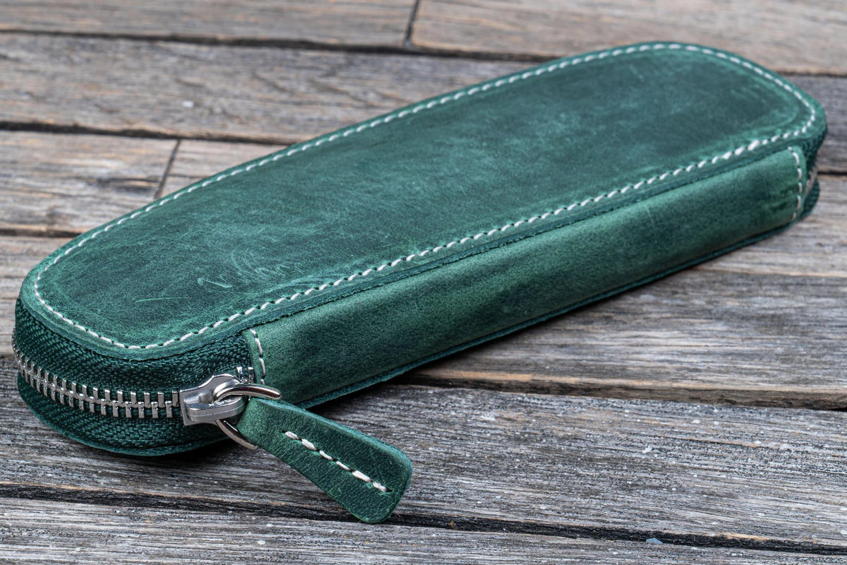 Leather Zippered Duo Slim Pen Case for 2 Pens Crazy Horse Forest Green