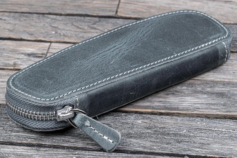 Leather Zippered Duo Slim Pen Case for 2 Pens Smoke