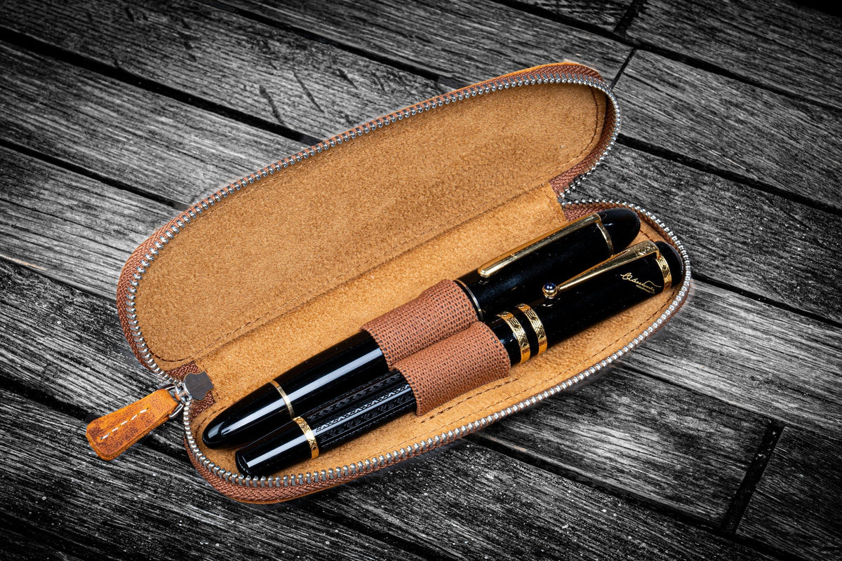 Leather Zippered Duo Slim Pen Case for 2 Pens Undyed