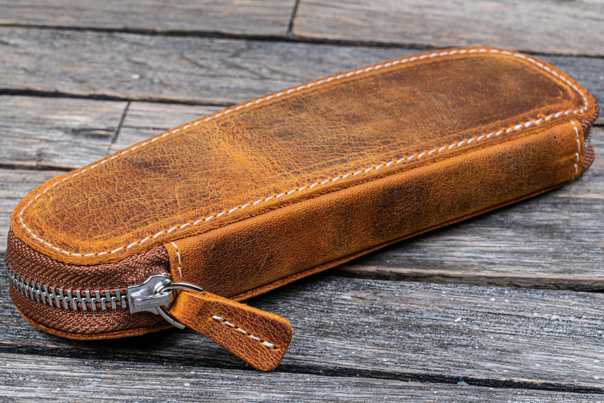 Leather Zippered Duo Slim Pen Case for 2 Pens Crazy Horse Brown